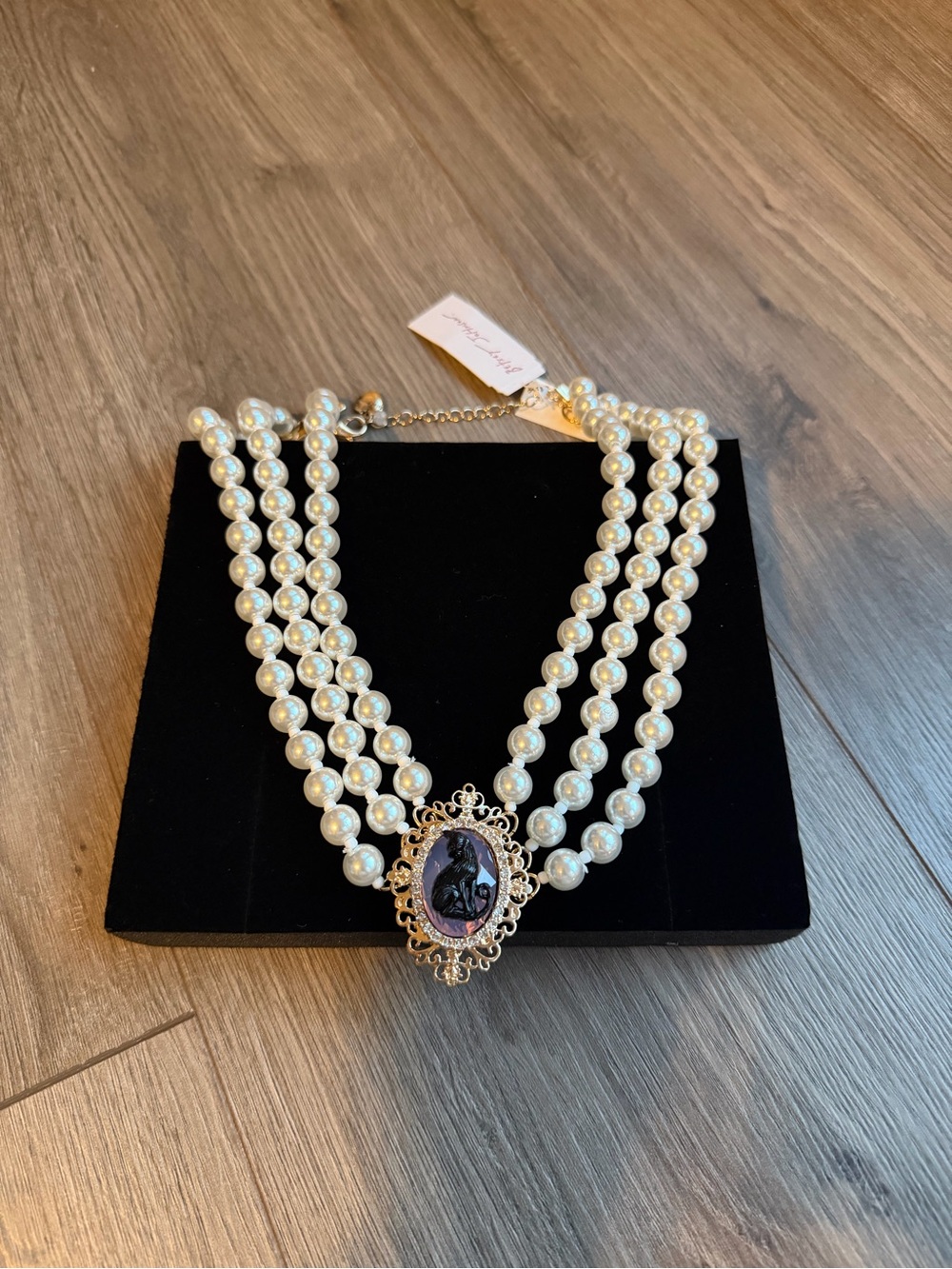 Betsey Johnson Three-Strand Pearl Necklace with Cameo Pendant Black Cat